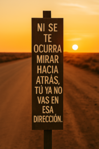Cartel con mensaje motivacional al atardecer que dice: 'Ni se te ocurra mirar hacia atrás, tú ya no vas en esa dirección'.