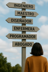 Persona reflexionando frente a un cartel con profesiones, representando un proceso de coaching para cambio profesional en Madrid